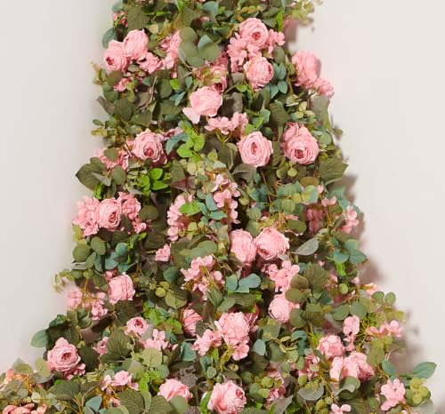 PONKING Flower Garland Artificial Rose & Hydrangea Vine Hanging Fake Flowers Vines for Wedding Birthday Party Valentines Christmas Room Wall Arch Decor, 1 Rose & 1 Hydrangea Light Pink Floral Garland - color: Large Rose & Hydrangea Light Pink Vines 5.4ft