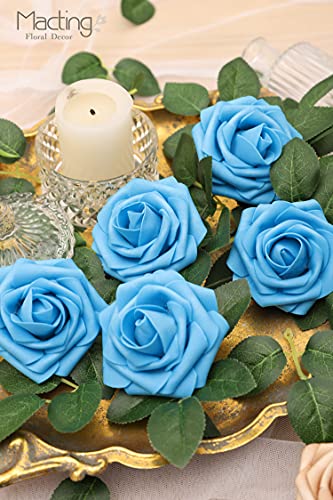 MACTING Artificial Flower Roses 30PCS Real Touch Fake Foam Roses with Stem Fake Flowers for DIY Wedding Bridal Bouquets Party Baby Shower Home Indoor Outdoor Spring Mothers Day Decor(Dark Teal Blue) - color: Dark Teal Blue, size: 30PCS