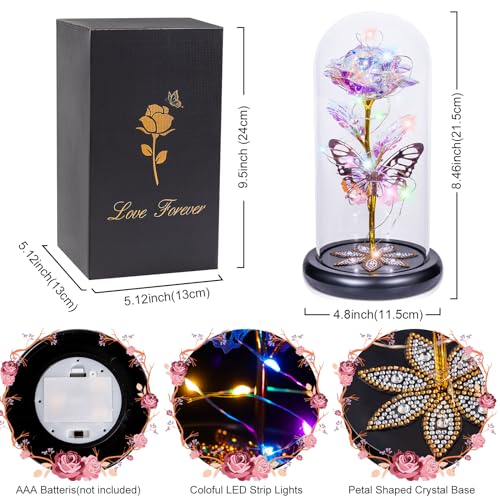 Mothers Day Flowers Gifts for Mom Women Birthday Gift, Galaxy Glass Rose Forever Eternal Crystal Rose in Glass Dome with Butterfly Mother's Day Roses Gifts for Mom Daughter Wife Women Grandma Colorful - color: B Colorful