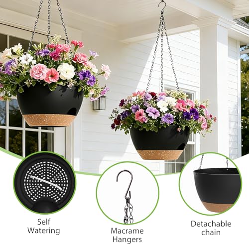 8 Inch Hanging Planters for Indoor Outdoor Plants, 4 Pack Black Brown Plastic Self Watering Hanging Baskets with Drainage Holes and Chain for Garden Porch - color: Black Brown