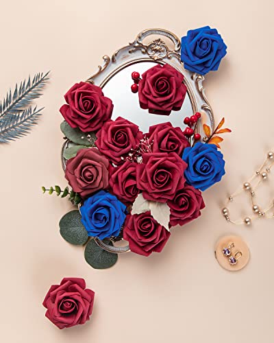 DuHouse 25Pcs Artificial Roses Flowers Fake Roses with Stems Real Touch Foam Flowers for DIY Wedding Bouquet Party Centerpiece Floral Arrangement Party Home Decor(Dark Red) - color: Dark Red, size: 25pcs