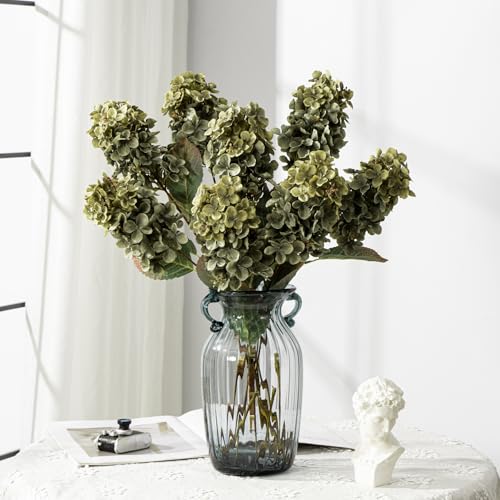 Ttranewsoo Green Hydrangea Artificial Flowers,Fake Fall Flowers Silk Hydrangea with Stems,Fall Faux DIY Floral for Table Vase,Hydrangeas Bouquet Indoor and Outdoor Decoration 24"（ Green） 8pcs No Vase - color: Green