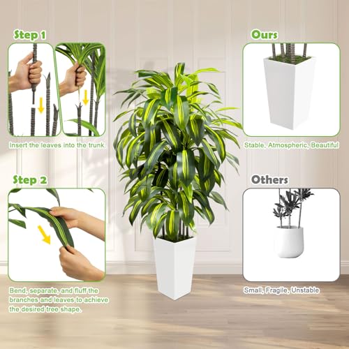 5FT Fake Plant Artificial Dracaena Tree Indoor - Faux Plants Indoor Tall with White Planter - Fake Tree Floor Plant Artificial Plants Decor for Living Room Office - color: White, size: 5ft