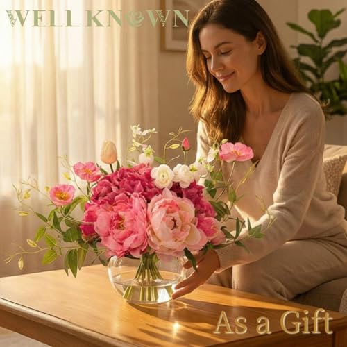 Artificial Flowers in Vase, WELL KNOWN Silk Hydrangea Bouquet and Peonies Artificial Flowers Table Centerpieces with Faux Water for Home Decor Fake Tulips Flower Arrangements for Table Decor (Fuchsia) - color: Mix Peony-fuchsia