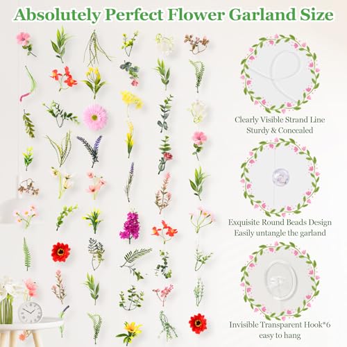 Livole 6Pcs 36Ft Hanging Flower Garland with Bow Wildflower Garlands Backdrop Silk Artificial Fake Floral Vines for Wedding Bridal Party Birthday Arch Wall Home Garden Decor(Wild) - color: Wildflowers, size: 6Pcs