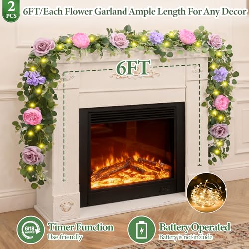 Livole 6 FT Artificial Flower Garland with Lights Pink Fake Roses Peony Floral Garland with Eucalyptus Flower Hanging Vine for Wedding Arch Table Centerpieces Backdrop Party Home Decorations - color: Pink With Light, size: 1 Pc
