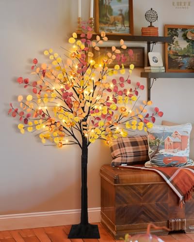 Uieke 4FT 48LED Lighted Fall Eucalyptus Tree Artificial Fall Tree with 12PCS Pumpkins & 8 Modes Thanksgiving Fall Decorations for Home Autumn Decor Indoor Outdoor - style: 4FT Fall Tree(1Pack)