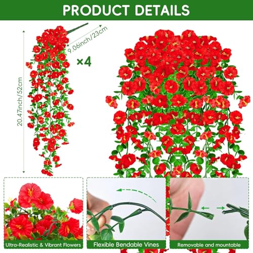 Artificial Hanging Flowers for Outdoors, 4Pcs UV Resistant Artificial Hanging Morning Glory Flowers, Spring Realistic Faux Outdoor Flower for Porch Patio Yard Garden Farmhouse Decor (Red) - color: Red