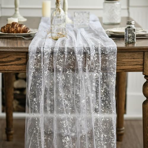 Artoid Mode White Silver Gauze Table Runner 120 Inch 10FT, Glitter Metallic Foil Sheer Dining Holiday Wedding Anniversary Birthday Table Decor for Home Party - color: White Silver, size: 28" x 120"