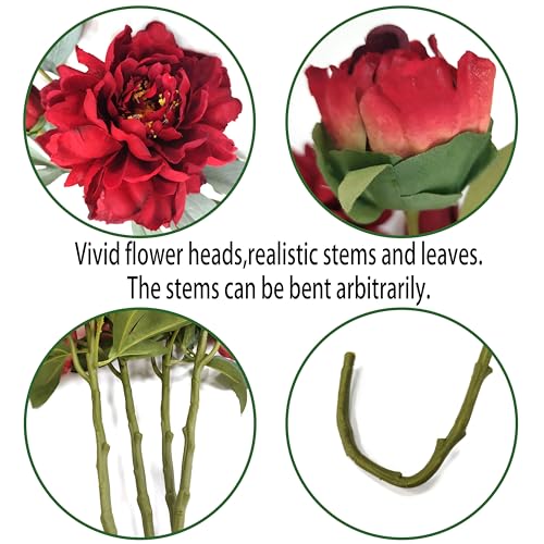Peonies Artificial Flowers,4 Pcs Fake Silk Peonies with Stems Real Look,Peony Bush for Home Decor (4, red) - color: Red