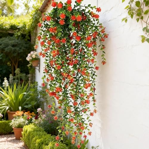 76cm Artificial Eucalyptus Flower Rattan Green Fake Plant Lvy DIY for Indoor Outdoor Wall House Weddings Patios Porches Decor (Red) - color: Red