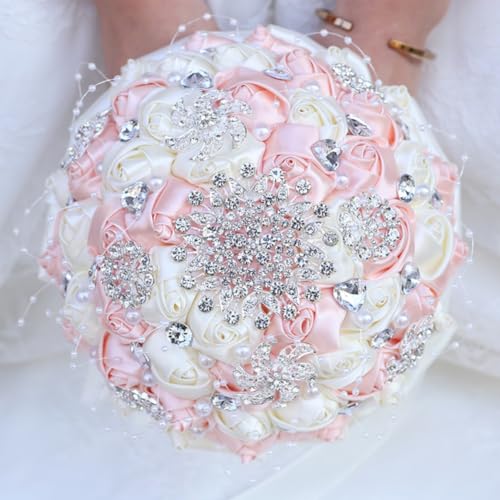 Bridal Wedding Bouquet with Silver Rhinestones Brooch Pearl Bouquet for Bride Bridesmaid Quinceanera Satin Rose Artificial Flower Bouquet Wedding Pale Pink and Ivory 8.3in - color: Pale Pink & Ivory, size: Diameter: 8.3 inches