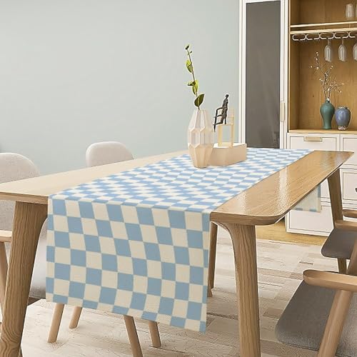 Groovy Hippie Table Runner Vintage Geometric Trendy Wavy Blue Checkered Dinner Runner for Country Farmhouse Kitchen Party Holiday 36X13inch - color: Checkered-3, size: L36"x W13"