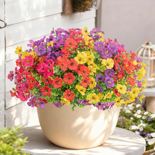 Artificial Flowers for Outdoors Decoration for UV Resistant Silk,16 Bundles | Artificial Violet Flowers for Spring Outdoor Decor, Realistic Fake Plants for Porch,Garden,Window Box,Vase Mix 4 Colors - color: Red Rose Yellow Purple