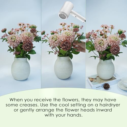 Fake Flowers with Vase for Home Decor, Faux Flowers with Paper Pulp Pot, Flower Arrangement with Silk Dahlias, Office Dining Living Room Decor, Centerpiece Table Decorations, Nude Pink - color: Dusky Pink