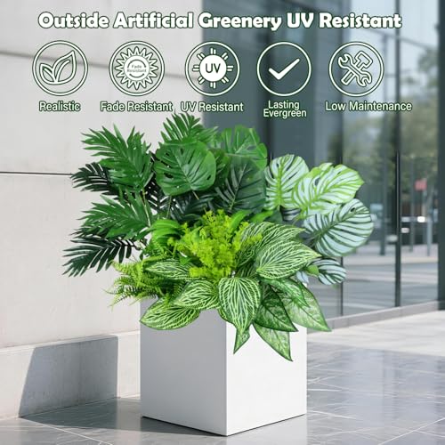 Artificial Plants Greenery Outdoor UV Resistant, 10 Bundles 24.8" Tall Faux Areca Palm, Monstera & Tropical Flowers, Large Fake Tropical Plants for Planters, Porch, Patio & Summer Decor - color: Green 2601
