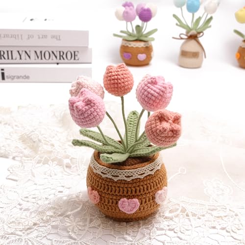 Crocheted Tulip Bouquets, Artificial Tulip Hand-Woven Flowers Suitable for Home, Office Decorations and Birthday Gifts for Family and Friends Anniversary (6 Flowers-Pink) - color: Pink a, size: A
