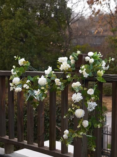 MISSPIN 5.9Ft Eucalyptus Garland with Flowers, Artificial Fake Flower Greenery Spring Garland for Baby Shower Wedding Mantle Table Centerpiece Spring Decor - color: White