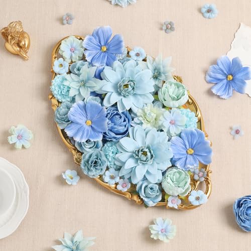 Fake Flowers Heads Bulk Blue Mini Artificial Silk Flower for Crafts, Small Artificial Daisy Roses Faux Flowers for Graduation Cap DIY Cake Wedding Party Home Garland Decoration - color: Blue