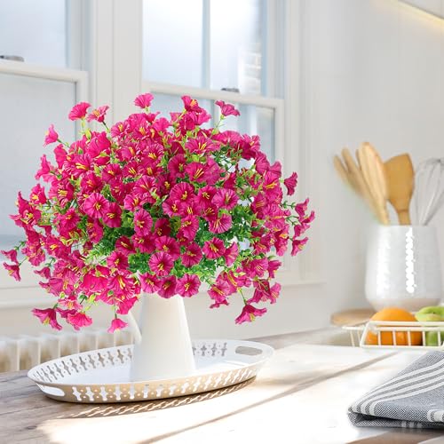 Artificial Flowers for Outdoors 12 Bundles Realistic Faux Plants UV Resistant Fake Silk Morning Glory with Eucalyptus for Front Door Planter Patio Porch Outside Spring Summer Decoration (Magenta) - color: Magenta