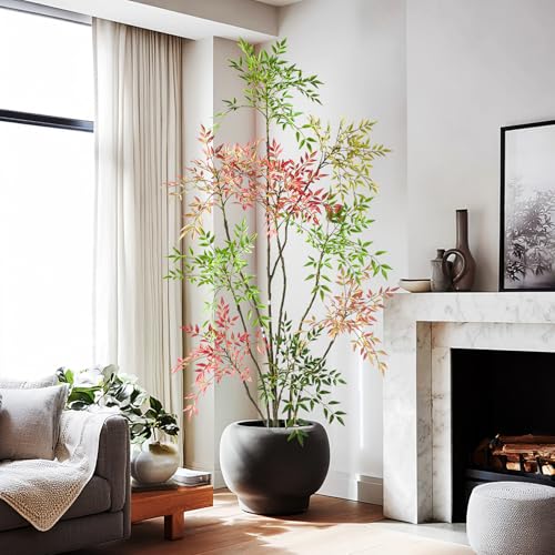 7.2ft Faux Bamboo Tree Artificial Nandina Tree Artificial Indoor Plants Realistic Fake Potted Tree with 800+ Leaves, Cement Planter - Home Office Decor Perfect for Housewarming Gift Non-Toxic - color: Mixcolor, size: 7ft 2in