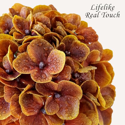 JINWOE Fall Hydrangea Artificial Flowers, 4Pcs 21” Latex Real Touch Flowers, Faux Silk Flowers Fake Artificial Hydrangeas with Stems for Bouquet Table Centerpieces Halloween （Raw Umber Brown） - color: Raw Umber Brown