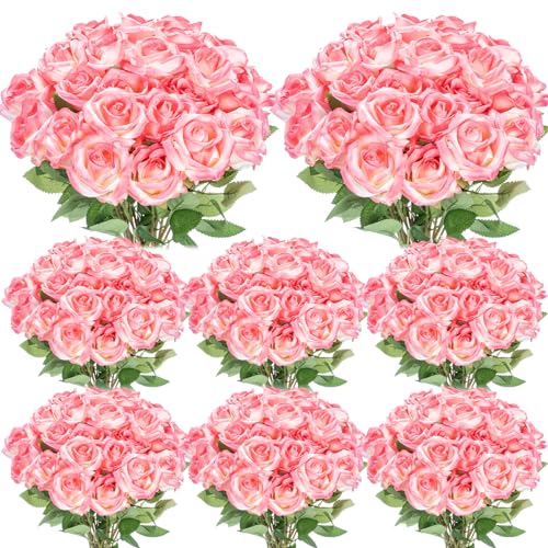 Hotop 80 Pcs Rose Artificial Flowers Bulk with Long Stem, Silk Roses Realistic Fake Flowers Bouquet for Wedding Table Centerpieces Bridal Shower Party Home Decorations(Gradient Pink) - color: Gradient Pink