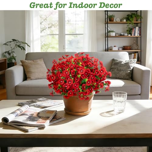 Roberly 20 Bundles Artificial Flowers for Outdoors, Fake Silk Flowers with Plastic Eucalyptus Greenery Stems Realistic Faux Plants for Spring Summer Porch Patio Yard Garden Vase Home Decor, Red - color: Red