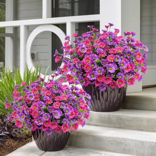 16 Bundles Silk Daisy Artificial Flowers for Outdoors UV Resistant Fake Daisies Plastic Plants Flower for Home Outside Front Door Porch Garden Patio Planters Decoration (Double Purple) - color: Double Purple