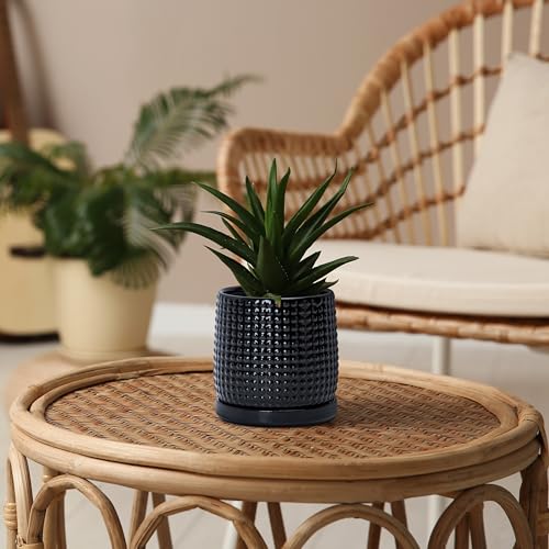 D'vine Dev 4 Inch Ceramic Beaded Stoneware Planter Pot - Flower Pot with Drainage Holes and Saucers for Indoor Succulent Plants or Flowers, Glossy Black, 27-C-Z-2 - color: Glossy Black, size: 4.3 Inch