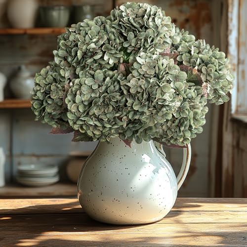 Hydrangea Artificial Flowers,Green Artificial Flower Fake Silk Hydrangea, Heads Bouquet with Stems Bulk for Fall Decoration Table Center Indoor Outdoor Faux Floral Plants 8pcs (Green) - color: Green
