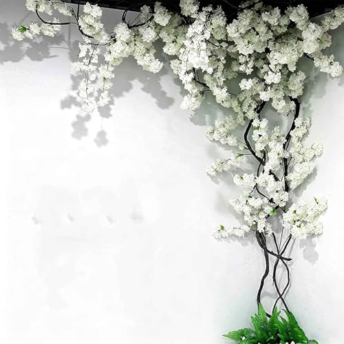 Artificial Cherry Blossom Trees - Fake Flower Background Walls with Simulated Branch and Rattan Design - for Indoor Ceiling Air Conditioning Pipe Ornamental(White) - color: White
