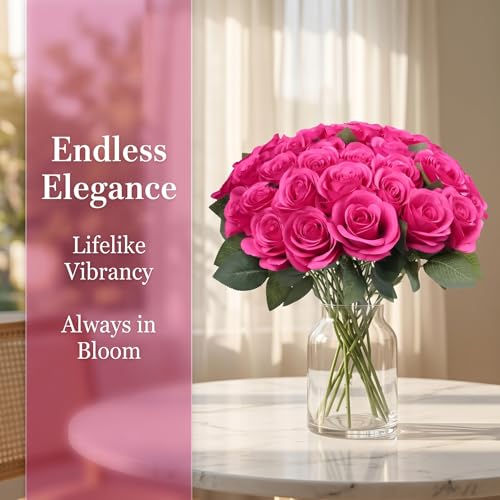 52pcs Hot Pink Roses Artificial Flowers Fake Flowers Silk Roses with Stems for DIY Wedding Bouquets Bridal Shower Table Centerpieces Arrangements Party Home Decorations - color: Hot Pink
