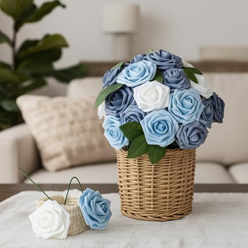 100 Pcs Artificial Foam Rose Flower Faux Bouquet Wedding Fake Rose Gift for Mother's Day Women DIY Bridal Shower Party Table Birthday Home Spring Decor (Blue and White Gradient) - color: Blue and White Gradient