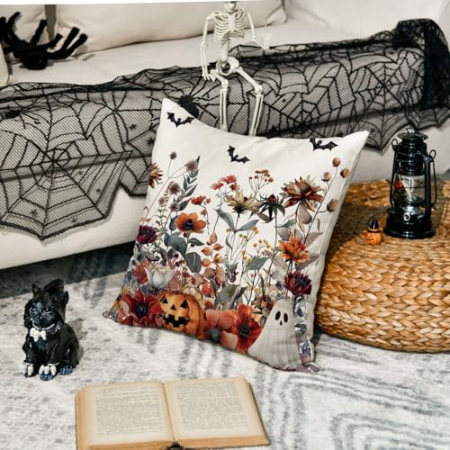 AVOIN colorlife Halloween Horror Wildflowers Throw Pillow Cover, 18 x 18 Inch Pumpkin Ghost Bat Cushion Case Decoration for Sofa Couch - size: 18" x 18" (Pack of 1)