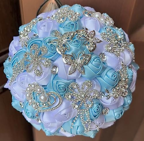 5.9" Mini Bridal Bouquet Handmade Satin Rose Round Wedding Bouquet Throw Toss Artificial Flower Bunch Light Blue + White - color: Light Blue/White, size: 5.9"/15cm