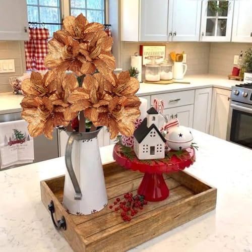 Briful Amaryllis Artificial Christmas Flower Stems, 19.7" Bronze Glitter Faux Amaryllis with Detachable Heads for Xmas Home Party Wedding Bouquet Vase Arrangement Decor - color: Bronze