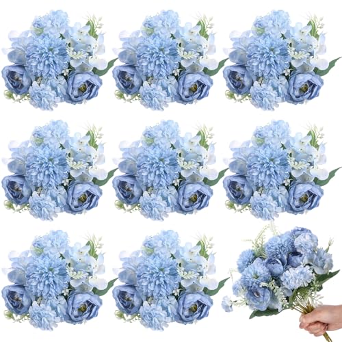 Lyrow 8 Pcs Peony Artificial Flowers Fake Silk Hydrangea Bouquet Elegant Peony Flowers for Wedding Decoration Faux Realistic Floral for Home Party Table Centerpieces Arrangement (Gradiente Blue) - color: Gradiente Blue