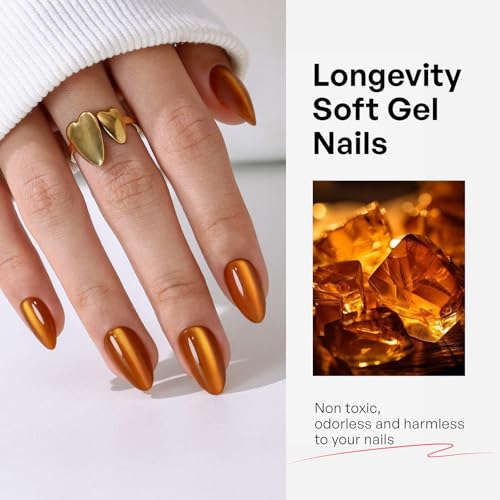 32Pcs Soft Gel Press on Nails for Women, Orange Cat Eye, Short Almond | Magnetic Glass Cateye False Fake Nails Press Ons for Office Daily Wear, Salon Quality Reusable Glue & Stick on Nail Gift Kit - color: 1B-Orange Cat Eye
