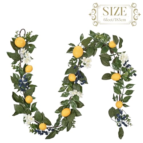 Valery Madelyn 6ft Artificial Lemon Garland for Mantel Summer Decor(Thin) | Faux Lemons Eucalyptus & Blueberry Summer Garland with Lights for Stairs Table Fireplace Farmhouse Kitchen Home Decor - size: Medium