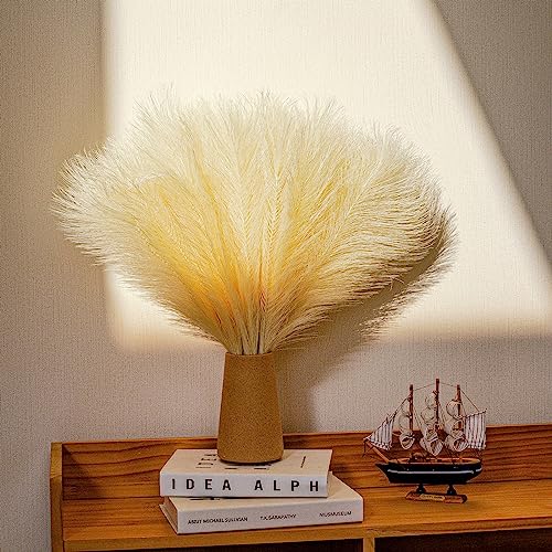 10 Stems Faux Pampas Grass - 17.7" Artificial Pampas Grass Decor Fluffy Small Pampas Grass Flower Arrangement and Vase Filler for Boho Home Wedding Mothers Day Decoration（Beige） - color: Beige
