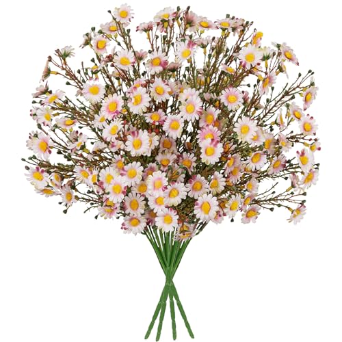 UV Resistant Pink Daisy Artificial Flowers Lush 4 Bouquets Silk Fake Daisies, 14" UV Protected Faux Daisy Flowers for Indoor & Outdoor Vase, Planter, Floral Arrangements, Centerpieces, Wedding Decor - color: Pink