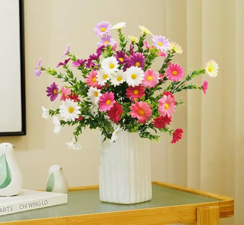 FERIAL 4Pcs Artificial Daisy Flowers for Decoration Outdoor Artificial Wildflowers Bulk Faux Silk Fake Daisy Spring Flower Purple Pink for Floral Home Decor Garden Patio Vase Table Centerpiece