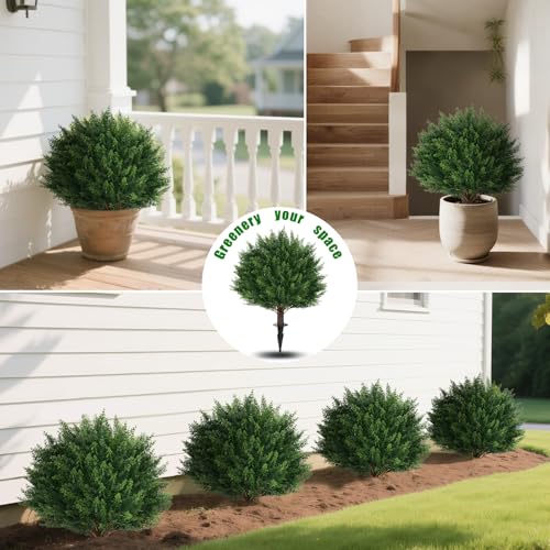 Yangrass Artificial Set of 2 Cedar Topiary Ball Trees 23" for Outdoors with Ground Spike, UV Resistant Faux Cypress Plants, Evergreen Shrubs Bushes for Front Porch Garden Backyard Decor - color: Cedar