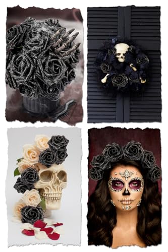 N&T NIETING Artificial Flowers Glowing Black Flowers Foam 50pcs Glitter Roses Real Looking Fake Roses with Stem for DIY Wedding Bouquets Centerpieces Bridal Shower Party Home Decorations - color: Glitter Black, size: 50pcs