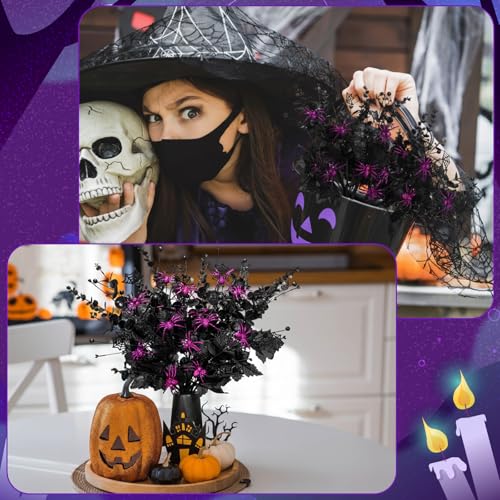 Giegxin 10 Pcs Halloween Floral Picks Halloween Decorations 19.5inch Black Artificial Flowers Branches Eucalyptus Stems Glitter Spiderweb Maple Leaf Stems for Home Indoor Party Vase Arrangement Decor