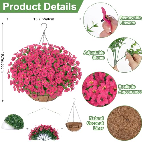 Bassion Artificial Hanging Flowers for Outdoors, UV Resistant Silk Flowers Basket Fuchsia Faux Daisy with Eucalyptus Leaves Hanging Fake Plants for Porch Balcony Patio Home Spring Summer Decoration - color: Fuchsia