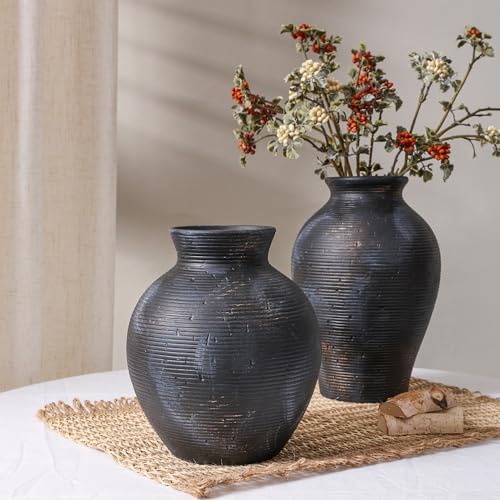 Ceramic Flower Vase Home Decor, 7.4 in Farmhouse Table Vase Retro Vintage Living Room Kitchen Bedroom Decoration Pottery Decorative Vases for Flowers House Shelf Office Desk Dining Entryway, BlackGold - color: 7.4 in - Black Gold