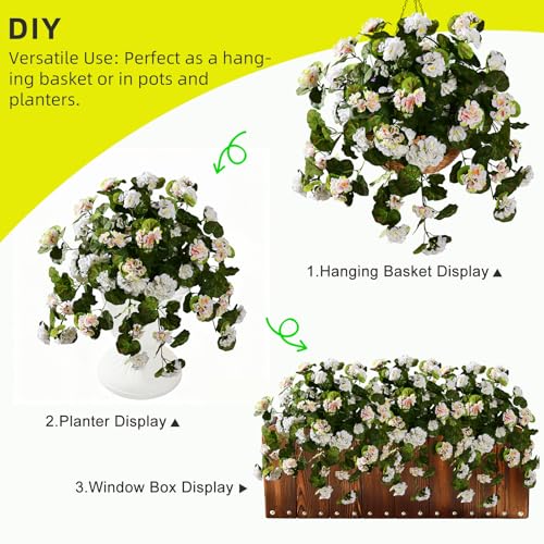 Artificial Geranium Flowers for Outdoor 2 Pcs Artificial White Flower Fake Flowers with Stems Silk Realistic Look Real Floral Arrangement for Front Door Porch Planter Patio Balcony (2 Pcs White) - color: 2 Pcs White