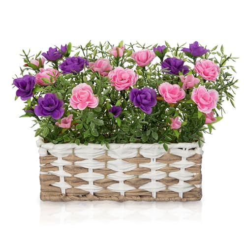Artificial Rose Flowers with Woven Basket, Faux Blooming Roses in Fake Rattan Planter for Table Centerpiece, Romantic Floral Arrangement for Home Kitchen Entryway Spring Party Decor, Pink & Purple - color: Soft Pink & Purple